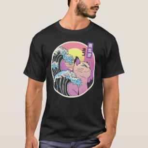 Camiseta Onda Grande Retro Japonesa Gato Vaporwave Estética