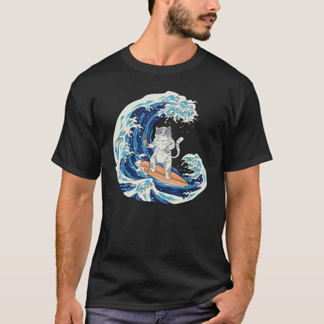 Camiseta Onda Japonesa Gato Surfando Comendo Sushi 1 (Frente)