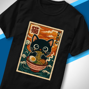 Camiseta Onda Japonesa Retro Gato Preto Fofo Comendo Ramen