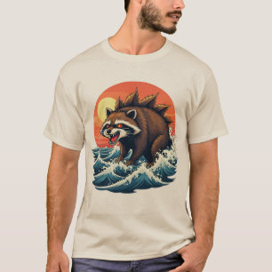 Camiseta Onda Racoonzilla - Design de Arte Japonês Vintage