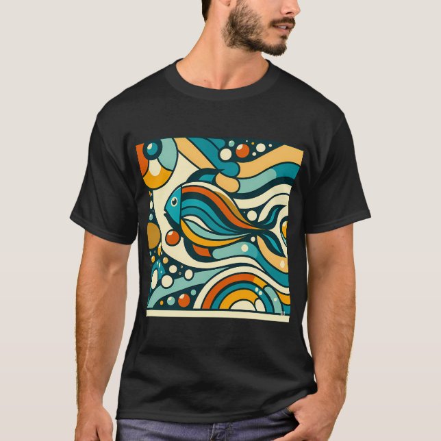 Camiseta Ondas Abstratas de Peixes Geométricos Retrô em Ver (Frente)
