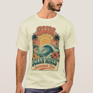 Camiseta Ondas do Oceano Sol Verão Diversão Design da Praia