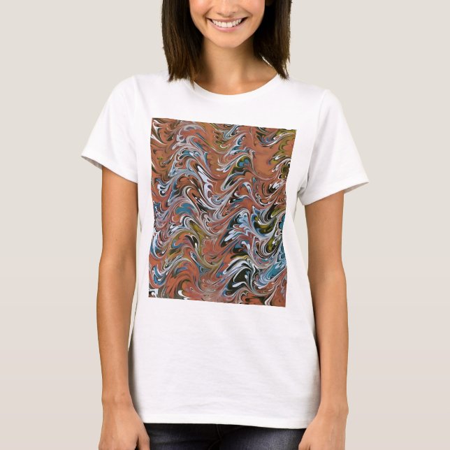 Camiseta Ondas em Abstrato de Arte Vermelha e Azul em Acrír (Frente)