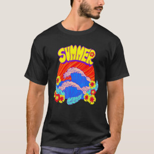Camiseta Ondas Flores de Água de Verão Folha de Penas de Pe