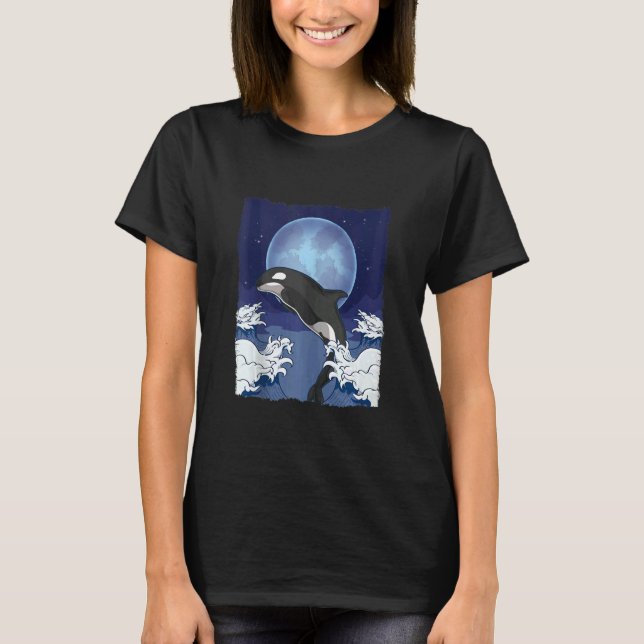 Camiseta Ondas Orca  Lua Cheia Oceano Animal Baleia Assassi (Frente)