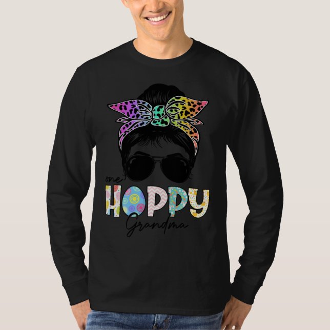Camiseta One Hoppy Grandma Leopard Messy Bun Easter Day (Frente)