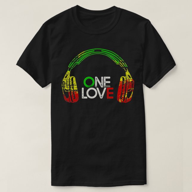 Camiseta One Love Rastafarian Fones de ouvido Reggae Jamaic (Frente do Design)