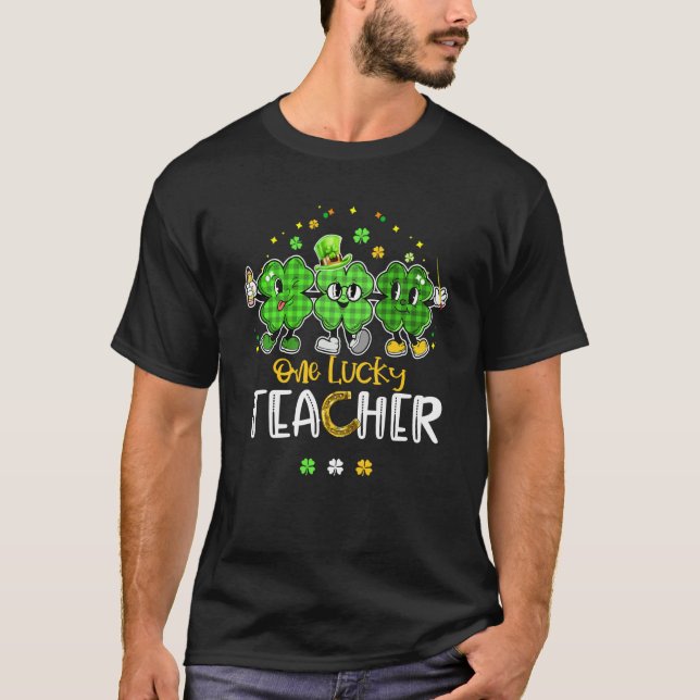 Camiseta One Lucky Teacher Green Plaid Shamrock St Patrick' (Frente)