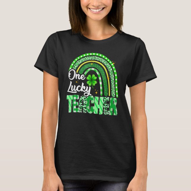 Camiseta One Lucky Teacher St Patrick's Day Rainbow Leopard (Frente)