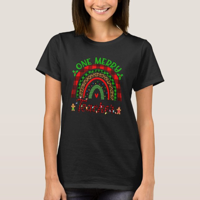 Camiseta One Merry Teacher  Teacher Leopard Rainbow Christm (Frente)