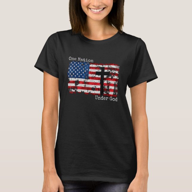 Camiseta One Nation Under God Christian Cross American Flag (Frente)