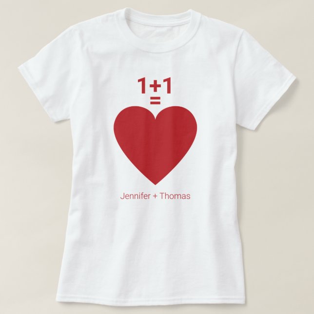 Camiseta One Plus One Igual a Love, Red Heart, Custom Name (Frente do Design)
