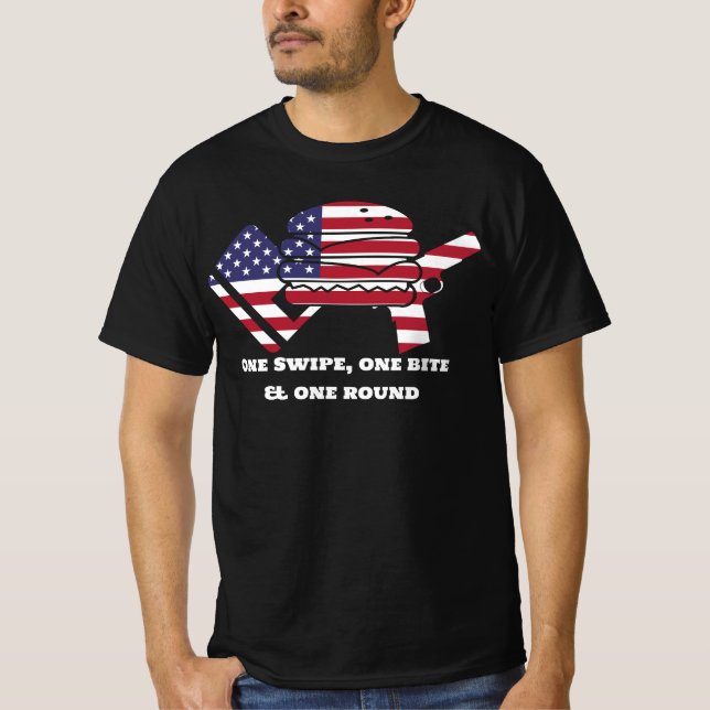 Camiseta One Swipe One Bite One Round Comida Guns Debates E (Frente)