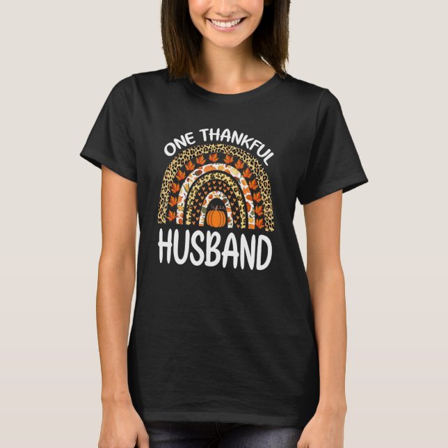 Camiseta One Thankful Husband Thanksgiving Rainbow Leopard  (Frente)