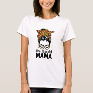 Camiseta One Thankful Mom Mama Mother Messy Bun Leopard Gla