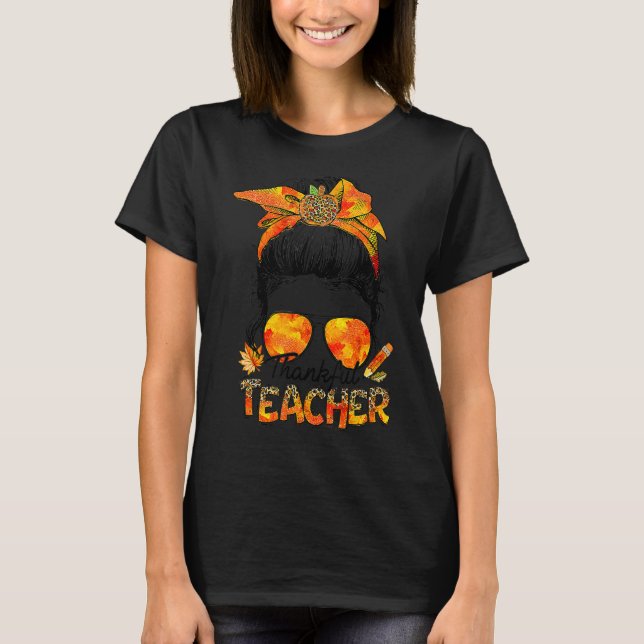 Camiseta One Thankful Teacher Leopard Messy Bun Thanksgivin (Frente)