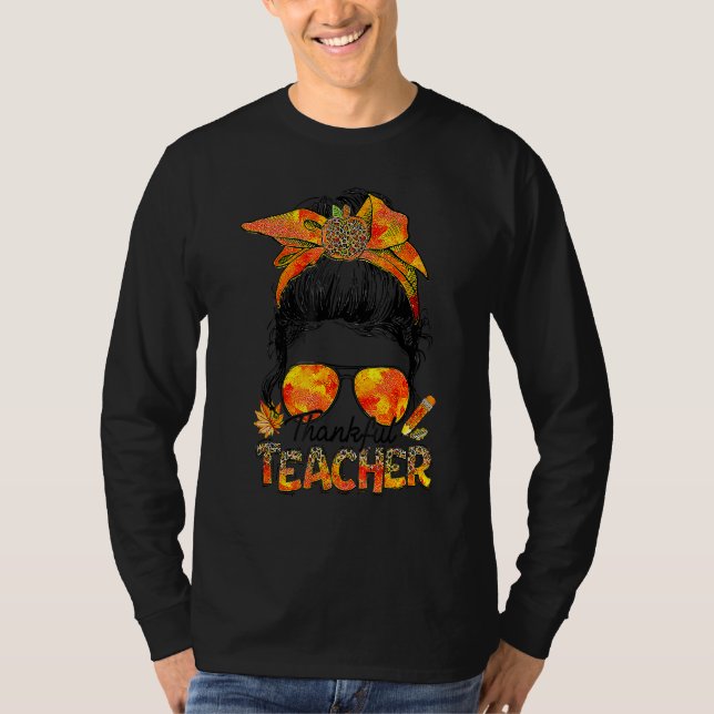 Camiseta One Thankful Teacher Leopard Messy Bun Thanksgivin (Frente)