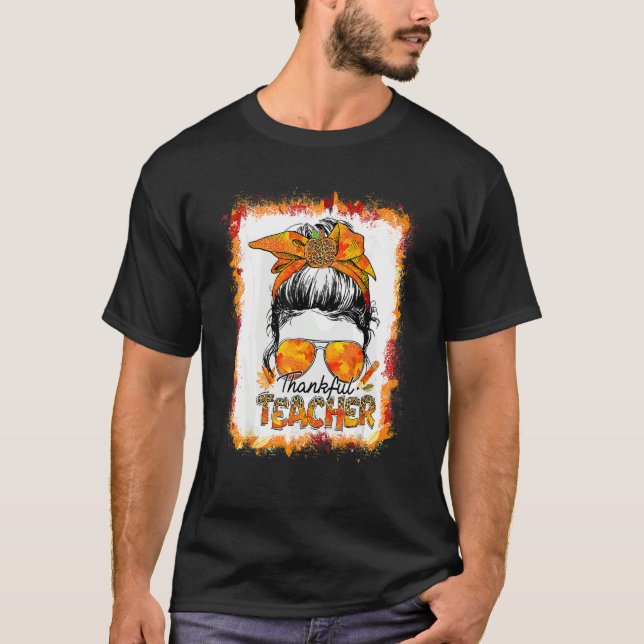 Camiseta One Thankful Teacher Leopard Messy Bun Thanksgivin (Frente)