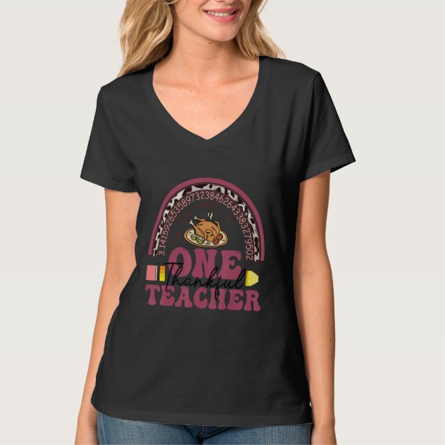 Camiseta One Thankful Teacher Thanksgiving Rainbow Leopard  (Frente)