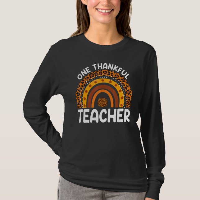 Camiseta One Thankful Teacher Thanksgiving Rainbow Leopard  (Frente)