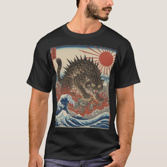 Camiseta Oni Cat Surging Waves Ukiyo-e Sunrise (Frente)