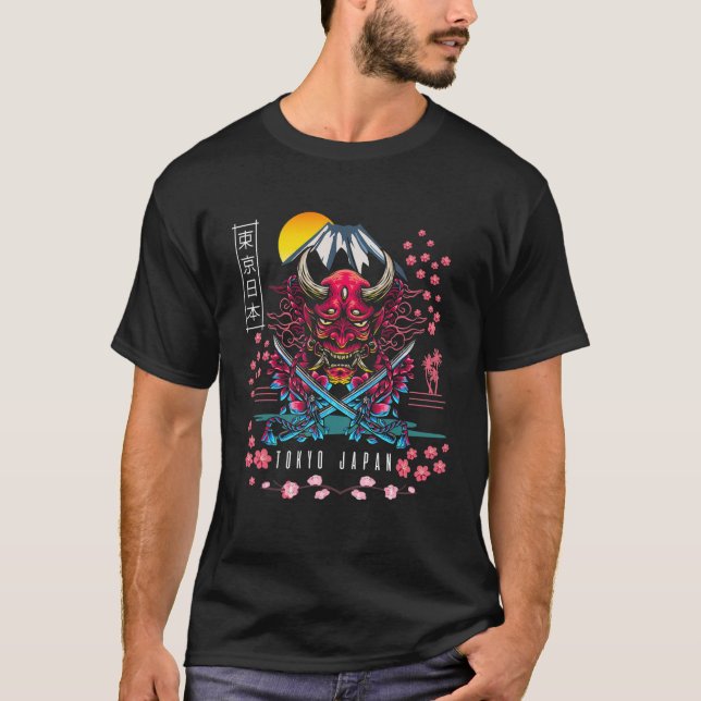 Camiseta Oni Mask Aestético Japonês Vaporwave Cherry Bloss (Frente)