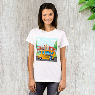 Camiseta Ônibus Escolar Amarelo com Motorista e Prédio Esco