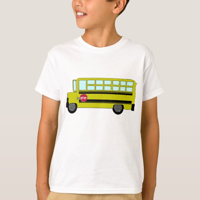 Camiseta Ônibus Escolar Amarelo com Placa de Parada (Frente)