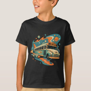 Camiseta Ônibus Escolar Foguete Retro — Viagem Espacial Vin