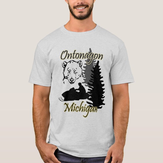 Camiseta Ontonagon Michigan Snowmobile Bear Mens Cinza (Frente)