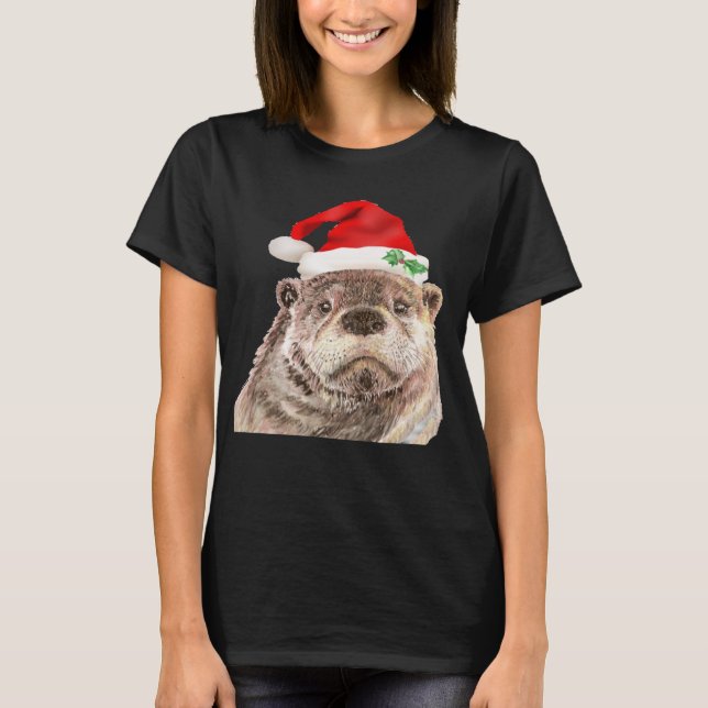 Camiseta Ópera de Aquarela de Bonito no Natal Santa Hat (Frente)