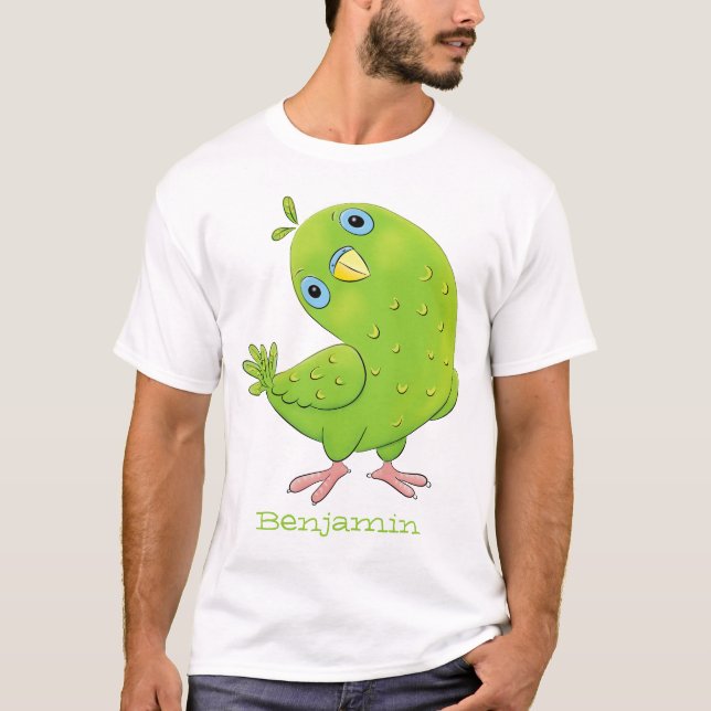 Camiseta Óptica de desenho animado de periquito, verde e bo (Frente)