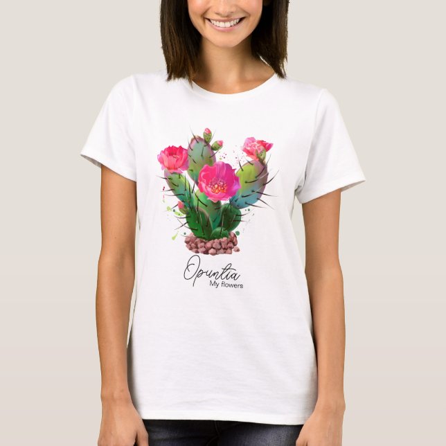 Camiseta Opuntia florescendo em pedras (Frente)