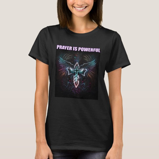 Camiseta Oração é Poderoso Anjo Asas através do Cristo de J (Frente)