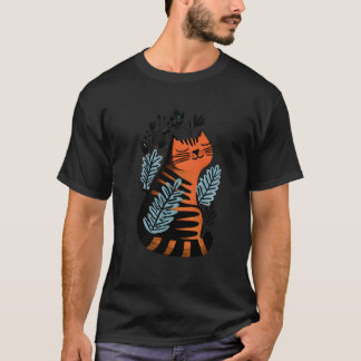 Camiseta Orange and Black Striped Cat with Floral Design