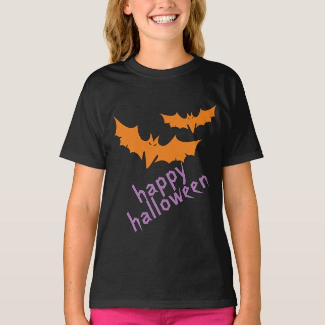 Camiseta Orange Bats, Purple Happy Halloween Personalizado (Frente)