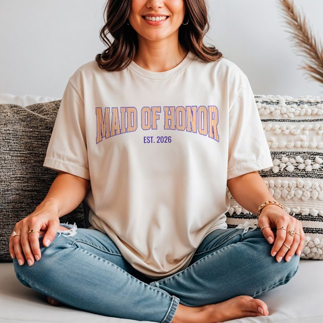 Camiseta Orange + Beige Stripe Navy MAID OF HONOR  (Personalize with names, dates, locations or events.)