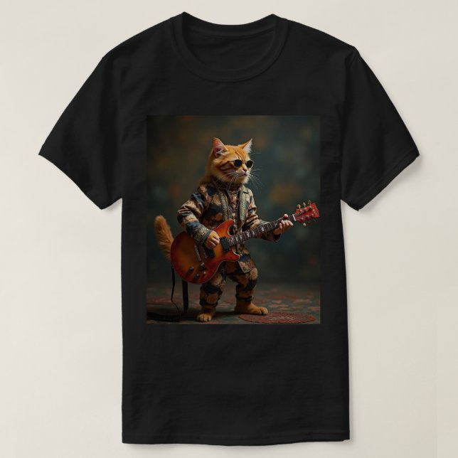 Camiseta Orange Cat Guitar Player (Frente do Design)