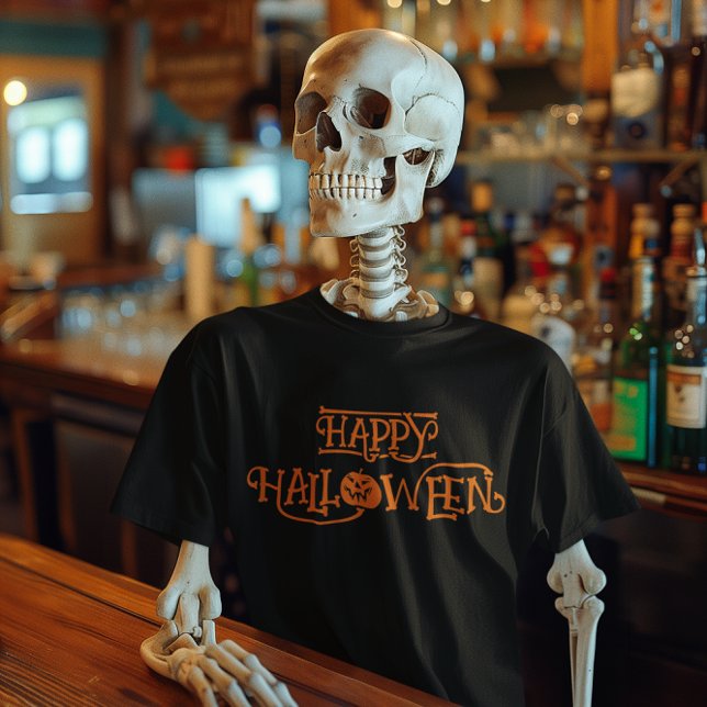 Camiseta Orange Happy Halloween Bony Typografia (Happy Halloween Typography Black Tee)