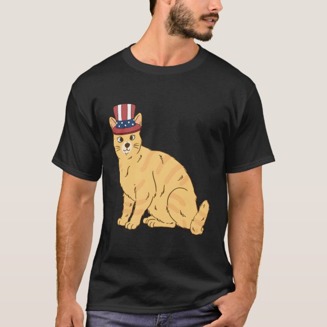 Camiseta Orange Tabby Cat 4 De Julho Eua Bandeira Americana (Frente)