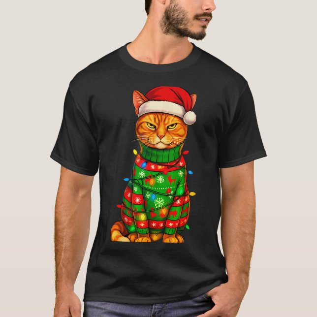 Camiseta Orange Tabby Cat Christmas Lights Funny Santa Holi (Frente)