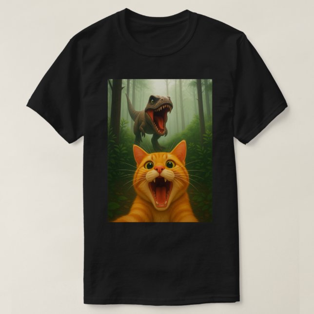 Camiseta Orange Tabby Cat Selfie com Dinossauro - Gato Engr (Frente do Design)