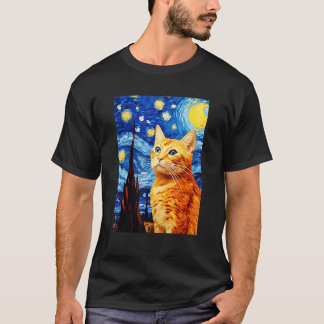 Camiseta Orange Tabby Cat Starry Night Vincent van Gogh Pet (Frente)