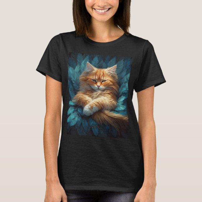 Camiseta Orange Tabby Kitten na cama de penas azuis (Frente)