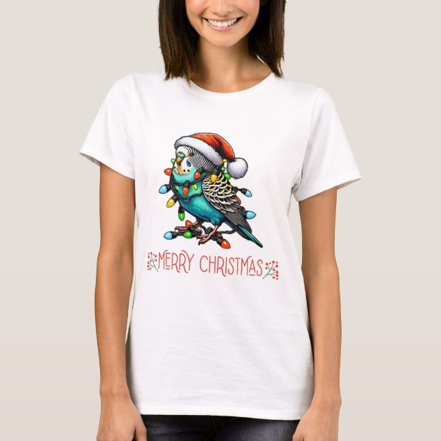 Camiseta Orçamento Budgerigar Papagaio Natal Hat Xmas (Frente)