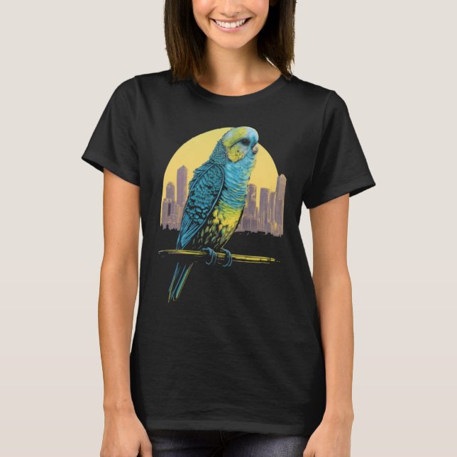 Camiseta Orçamento Budgerigar Parakeet City Skyline Parrot  (Frente)