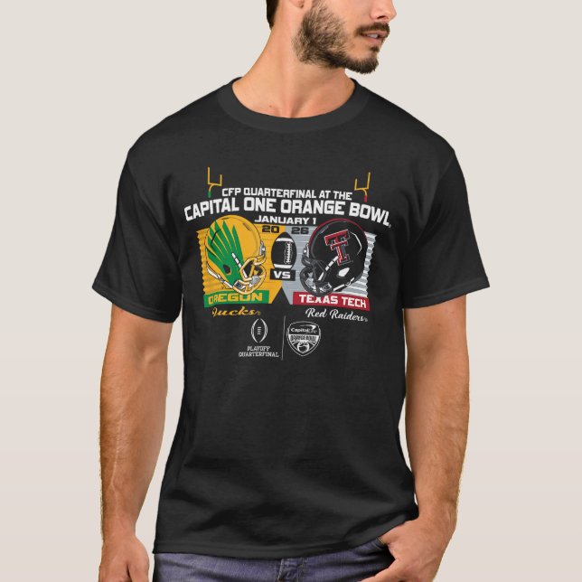 Camiseta Oregon Ducks vs Texas Tech Red Raiders CFP Laranja (Frente)