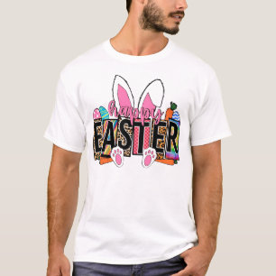 Camiseta Orelhas de Coelho da Páscoa Feliz Estampa de Leopa