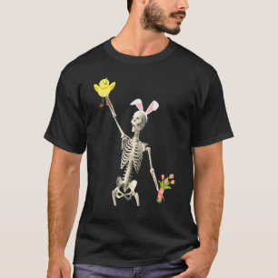 Camiseta Orelhas de Coelho Esqueleto e Segurando Frango Fel