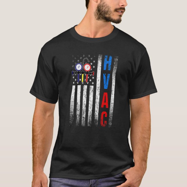 Camiseta Orgulho aflita dos EUA HVAC Tech American Flag HVA (Frente)